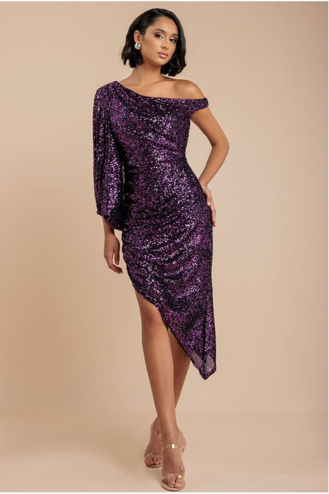 Goddiva One Shoulder Asymmetric Midi Dress - Purple