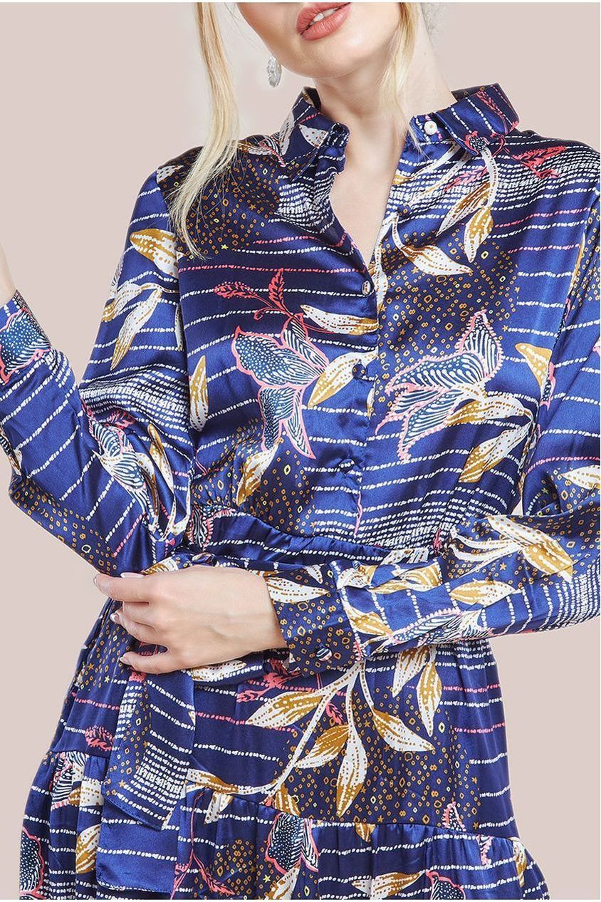 Goddiva Printed Tiered Shirt Midi Dress - Navy