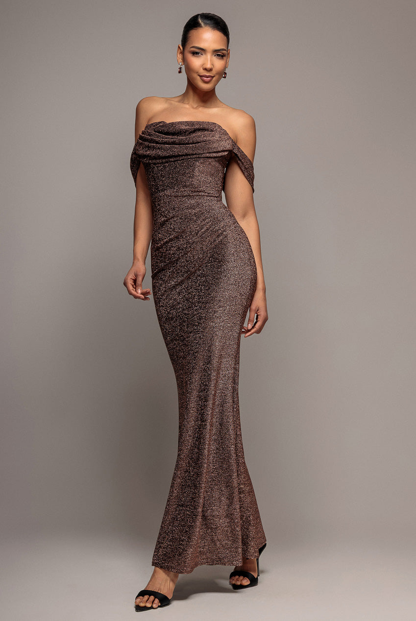 Goddiva Lurex Cowl Neck Off The Shoulder Maxi Dress - Bronze
