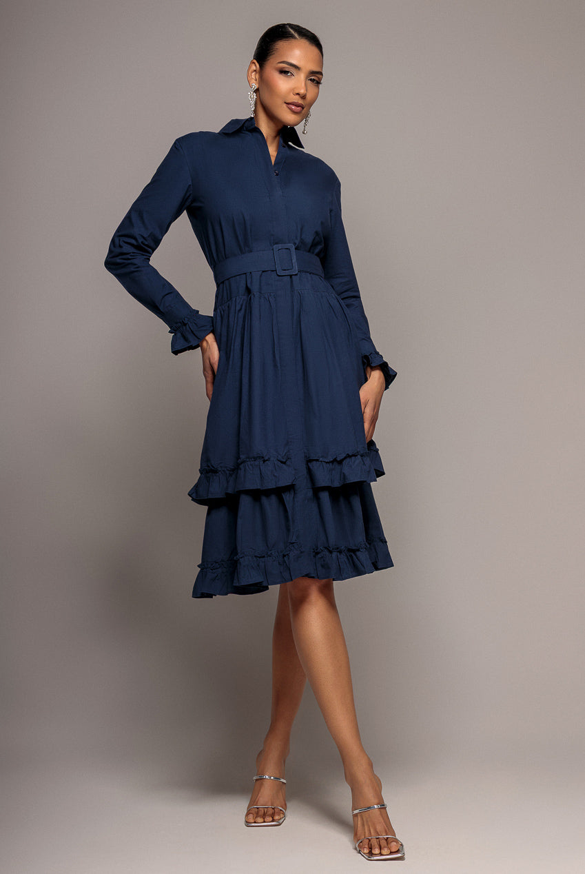 Goddiva Tiered Shirt Dress With Belt - Navy