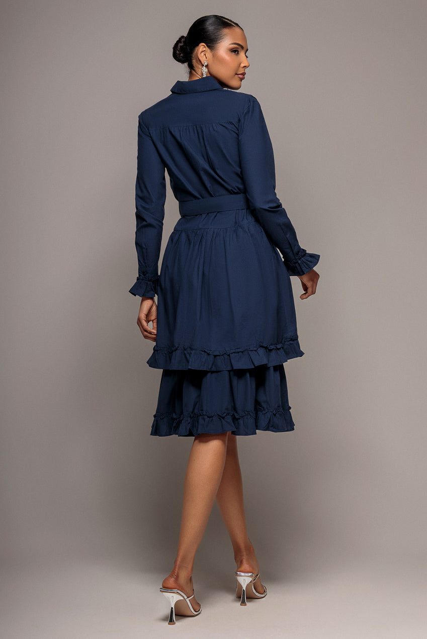 Goddiva Tiered Shirt Dress With Belt - Navy
