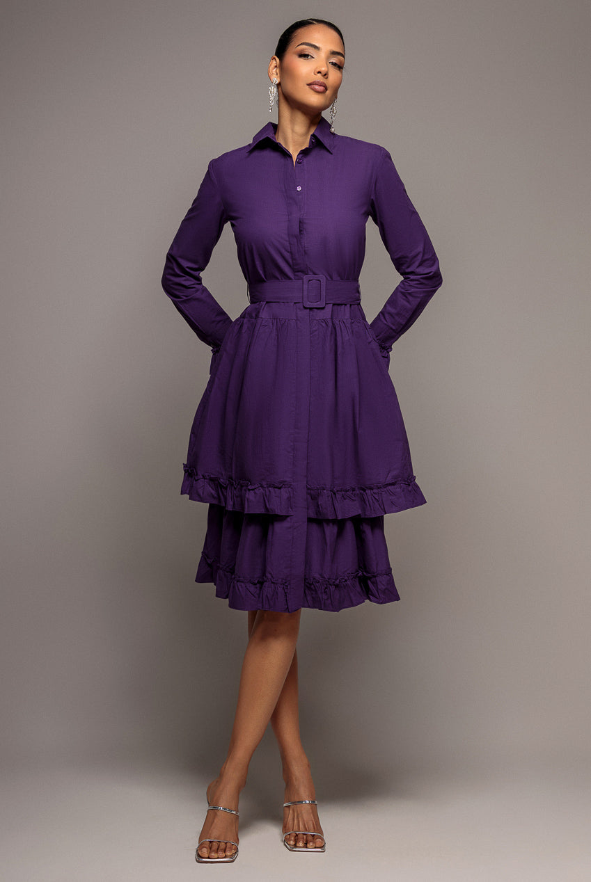 Goddiva Tiered Shirt Dress With Belt - Purple