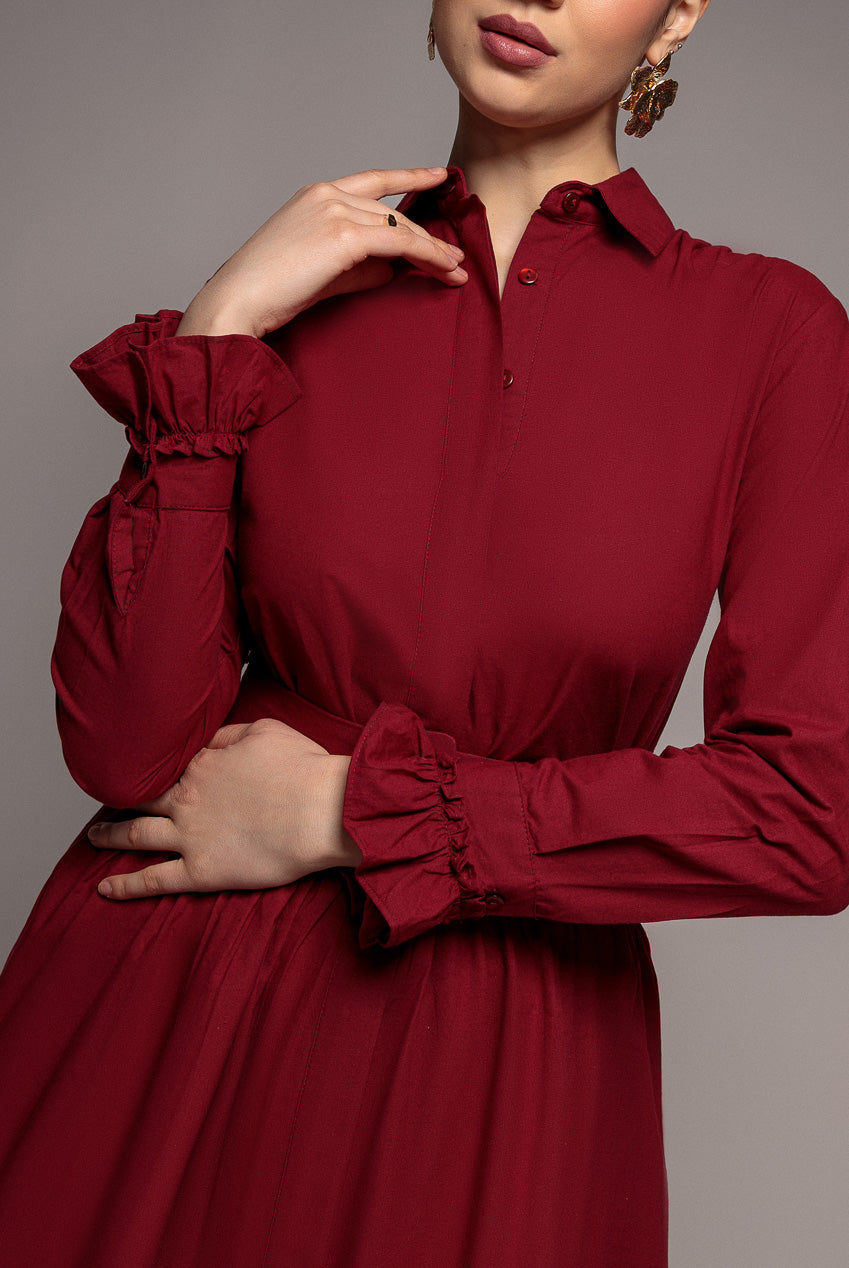 Goddiva Tiered Shirt Belted Long Sleeve Midi Dress - Wine