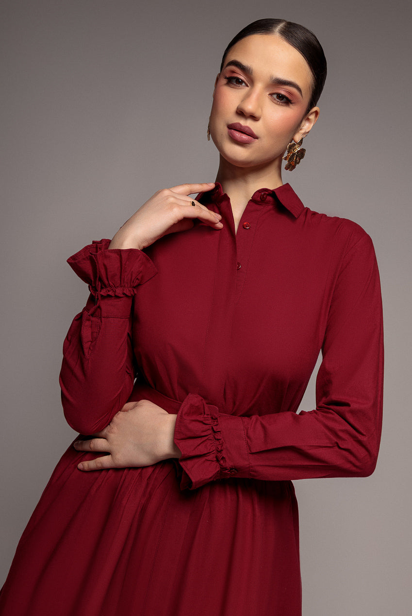 Goddiva Tiered Shirt Belted Long Sleeve Midi Dress - Wine