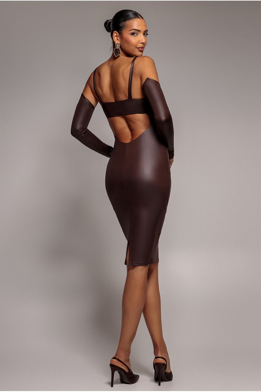 Goddiva Faux Leather Cut Out Sheath Midi Dress - Brown