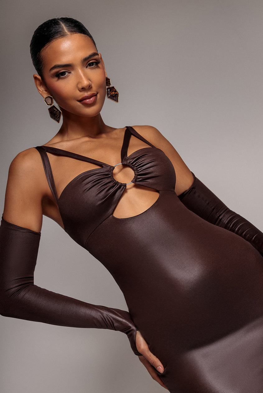 Goddiva Faux Leather Cut Out Sheath Midi Dress - Brown