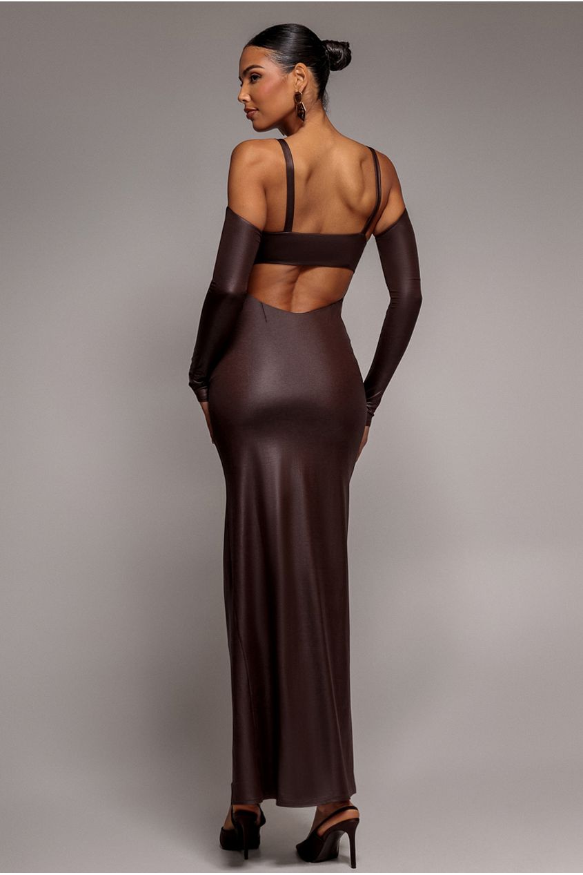 Goddiva Faux Leather Cut Out Maxi Dress - Brown
