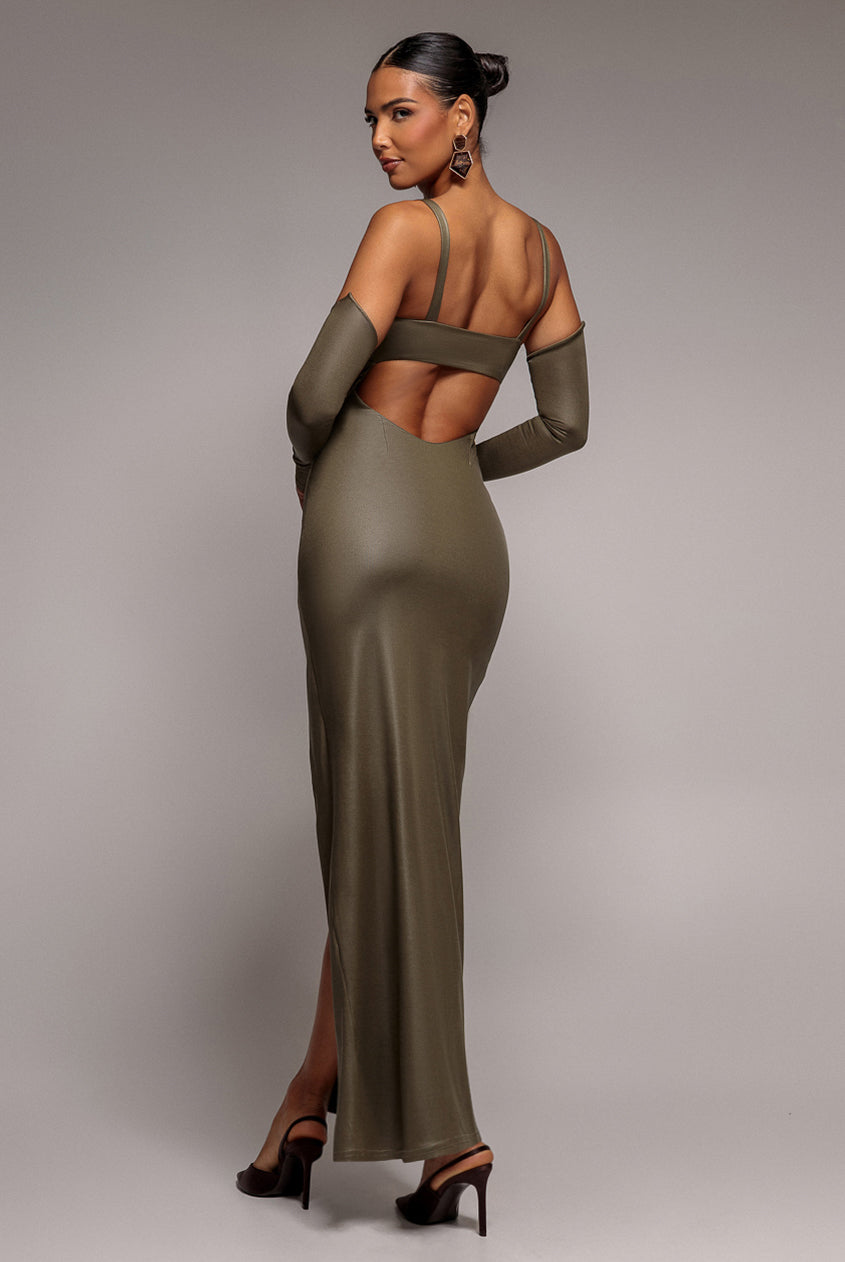 Goddiva Faux Leather Cut Out Maxi Dress - Khaki