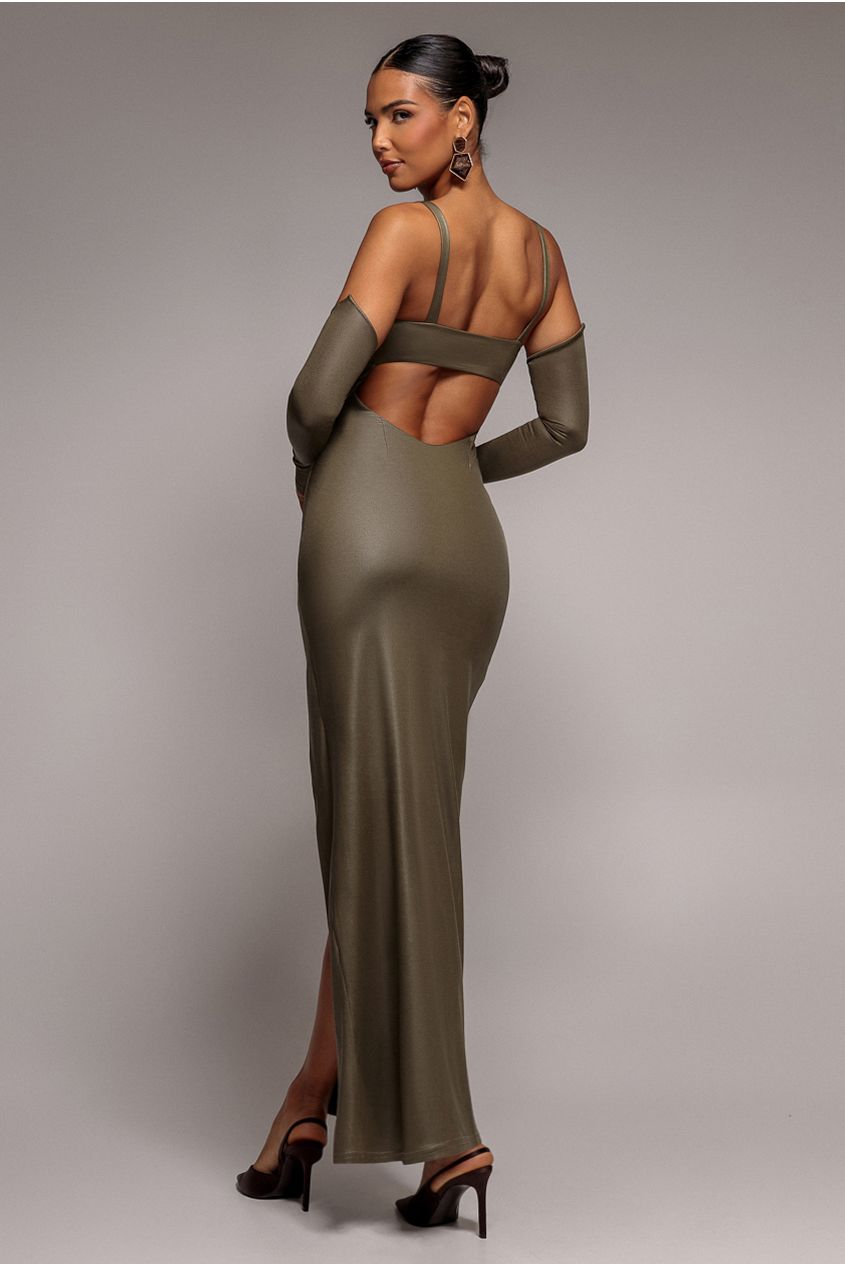 Goddiva Faux Leather Cut Out Maxi Dress - Khaki