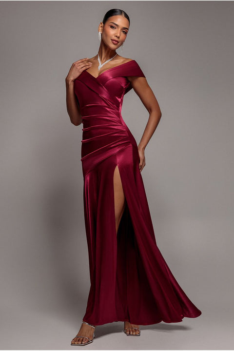 Goddiva Satin Off Shoulder Pleated Maxi Dress - Berry