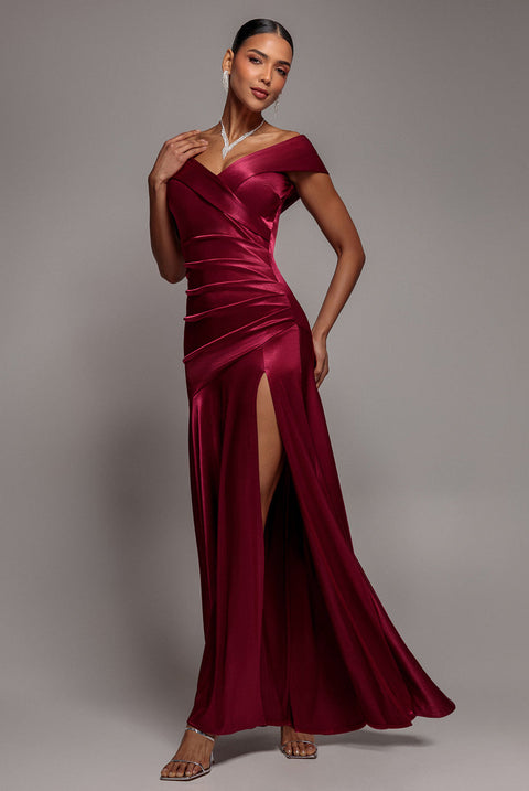 Goddiva Satin Off Shoulder Pleated Maxi Dress - Berry