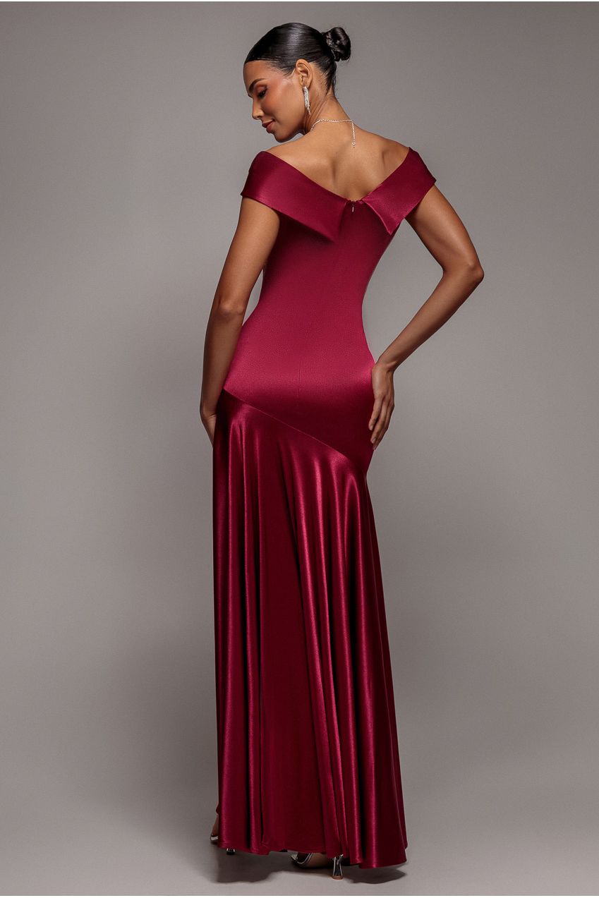 Goddiva Satin Off Shoulder Pleated Maxi Dress - Berry
