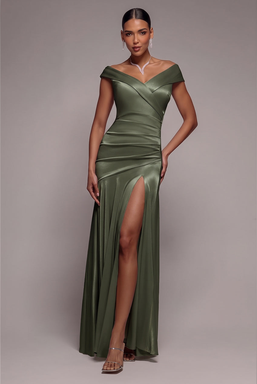 Goddiva Satin Off Shoulder Pleated Maxi Dress - Olive Green