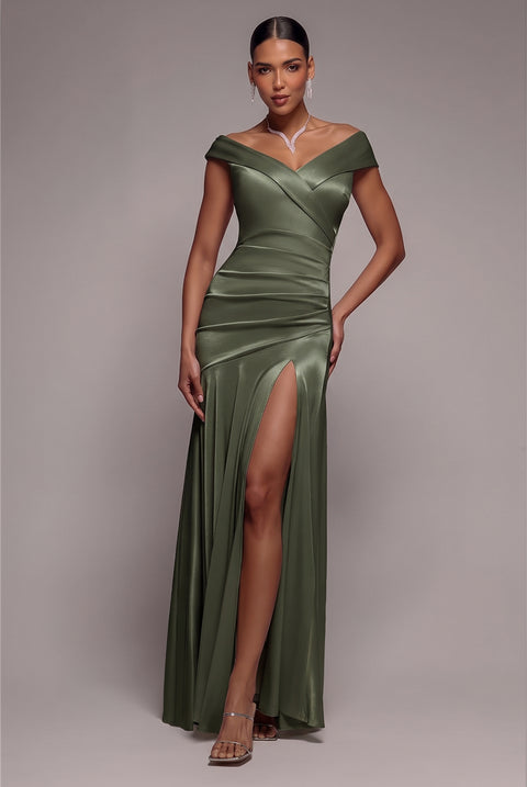 Goddiva Satin Off Shoulder Pleated Maxi Dress - Olive Green