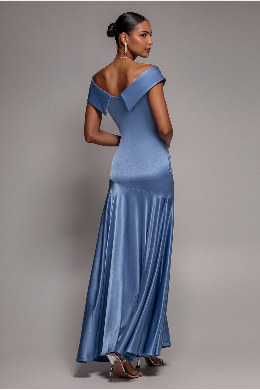 Goddiva Satin Off Shoulder Pleated Maxi Dress - Dusty Blue