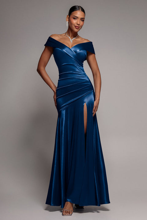 Goddiva Satin Off Shoulder Pleated Maxi Dress - Navy Blue