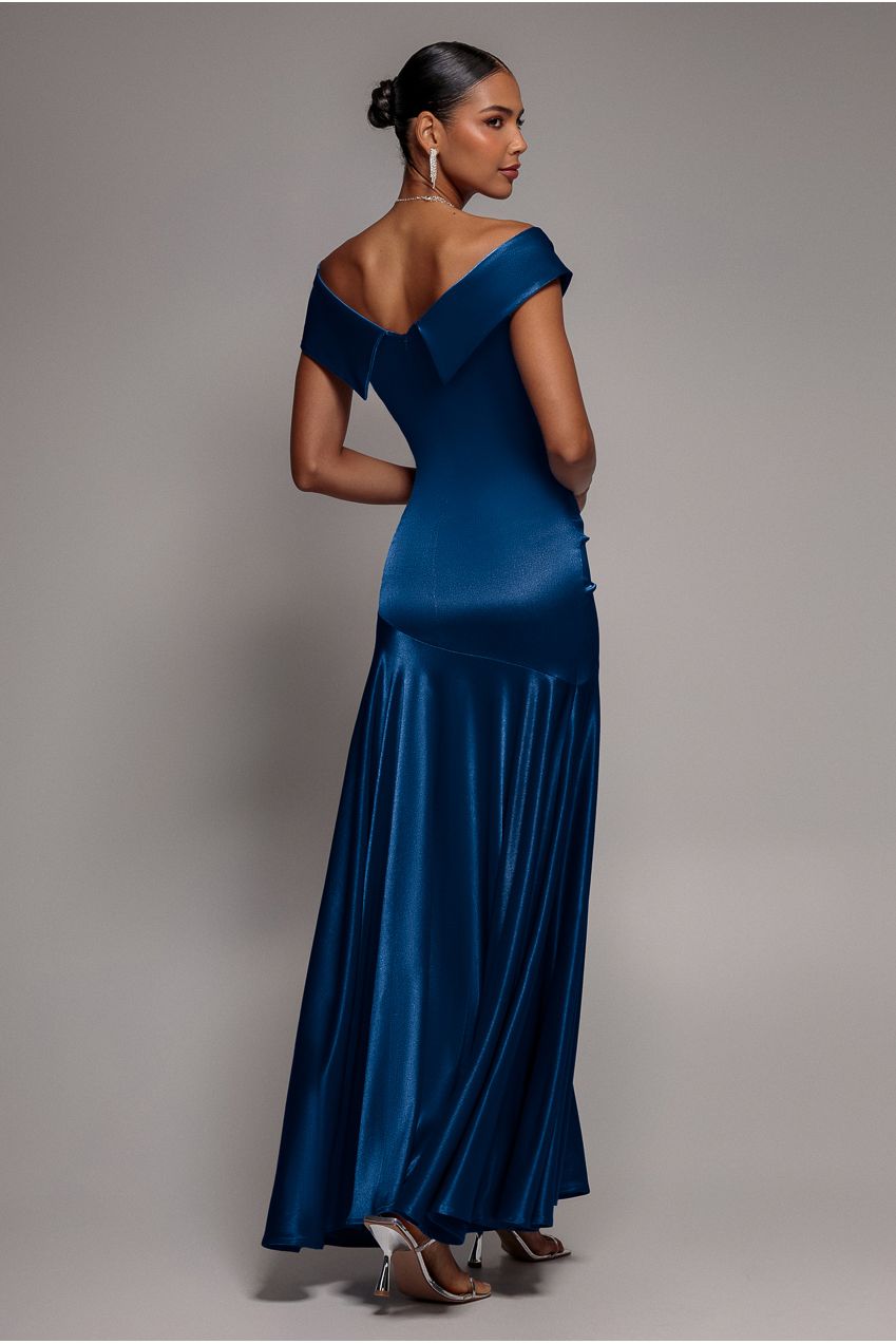 Goddiva Satin Off Shoulder Pleated Maxi Dress - Navy Blue