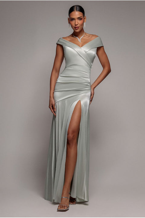 Goddiva Satin Off Shoulder Pleated Maxi Dress - Sage Green