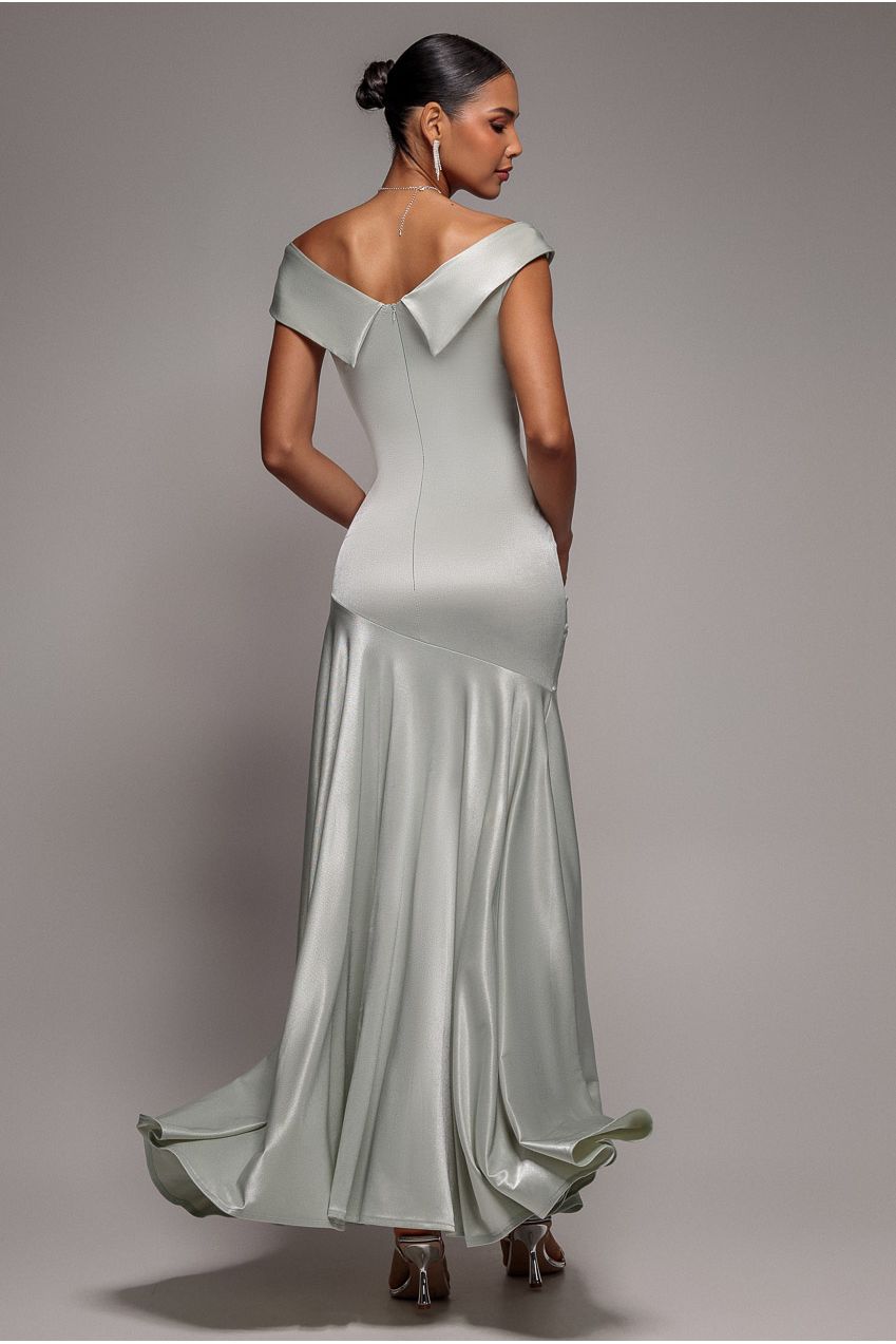 Goddiva Satin Off Shoulder Pleated Maxi Dress - Sage Green