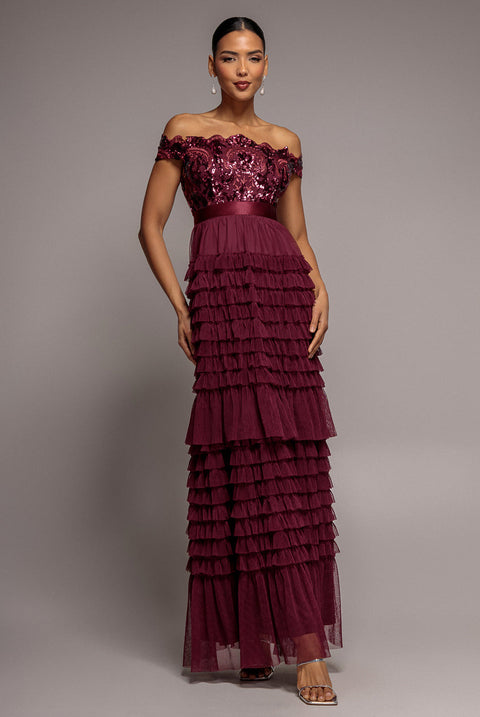 Goddiva Scallop Bardot Ruffle Mesh Maxi - Burgundy
