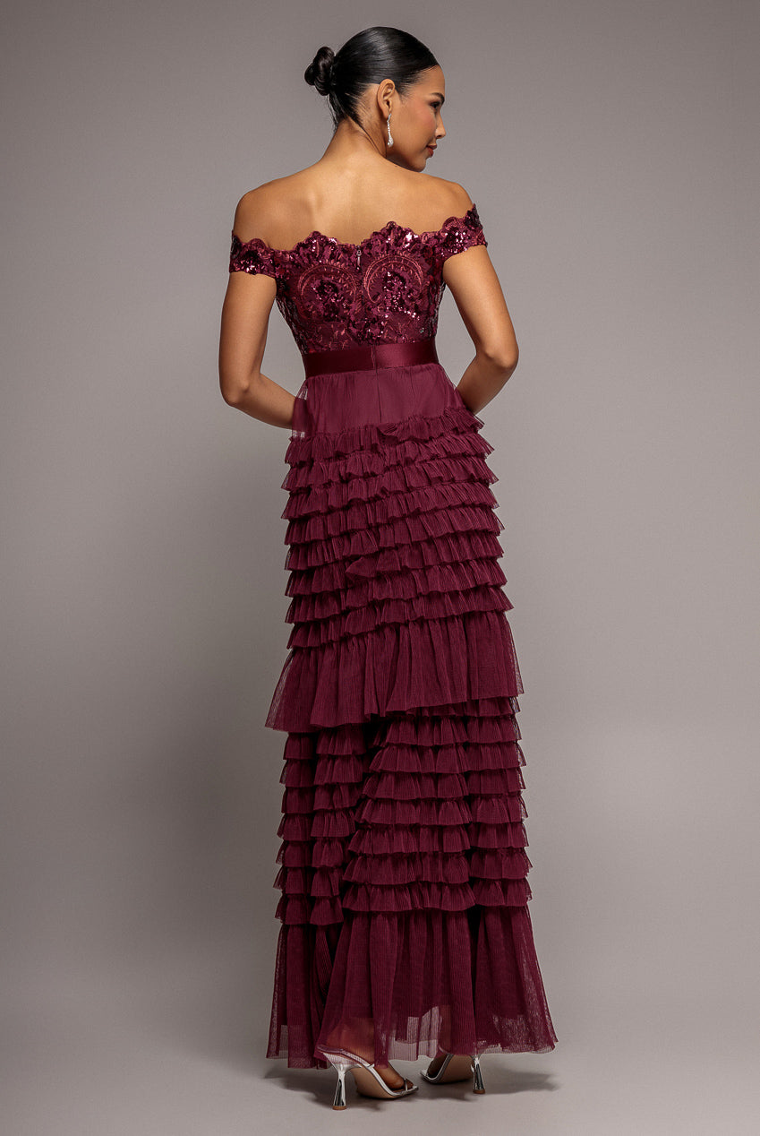 Goddiva Scallop Bardot Ruffle Mesh Maxi - Burgundy
