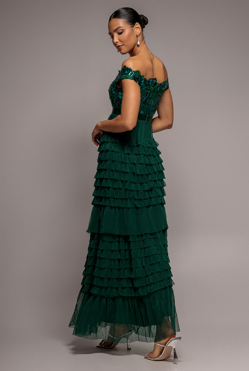 Goddiva Scallop Bardot Ruffle Mesh Maxi - Emerald Green