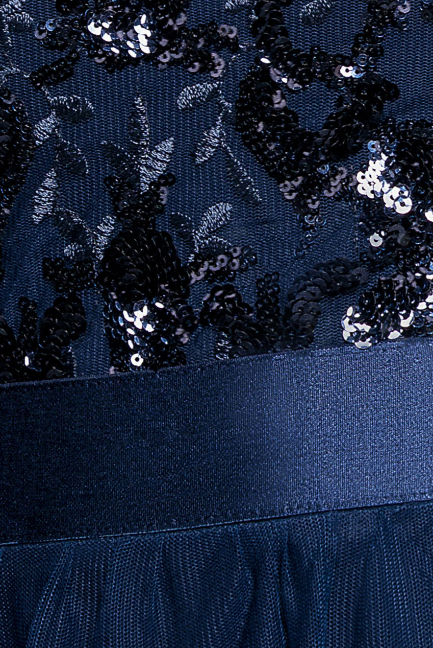 Goddiva Scallop Bardot Ruffle Mesh Maxi - Navy
