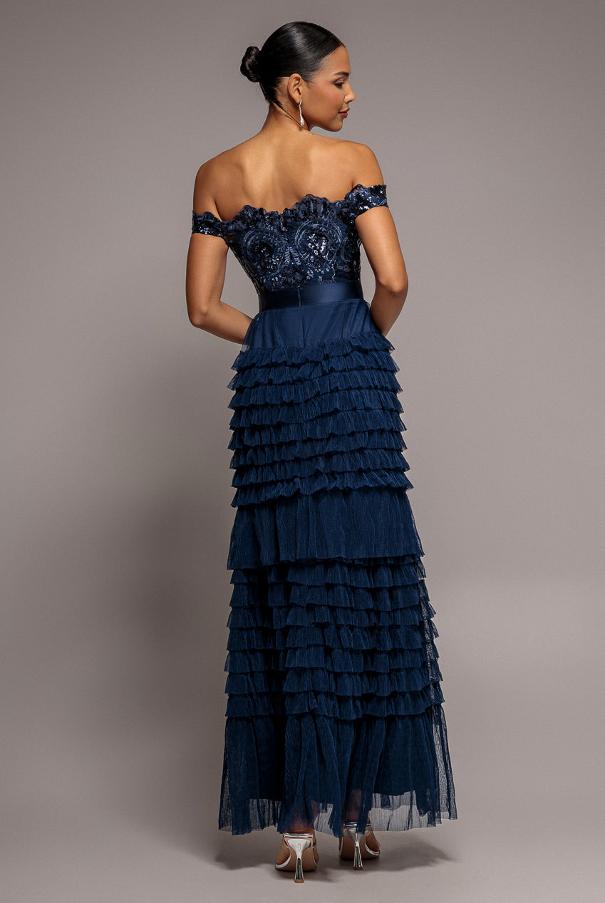 Goddiva Scallop Bardot Ruffle Mesh Maxi - Navy