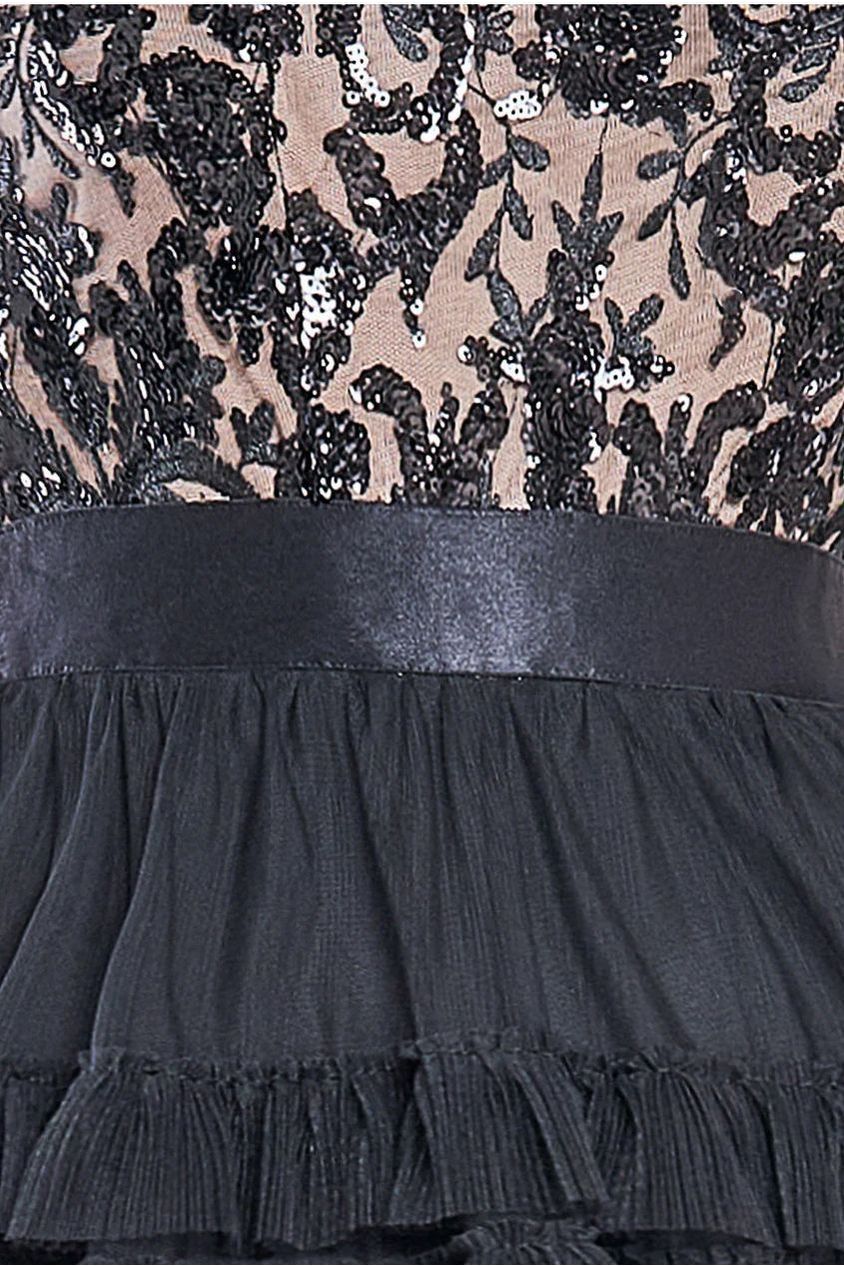 Goddiva Scallop Bardot Ruffle Mesh Maxi - Black