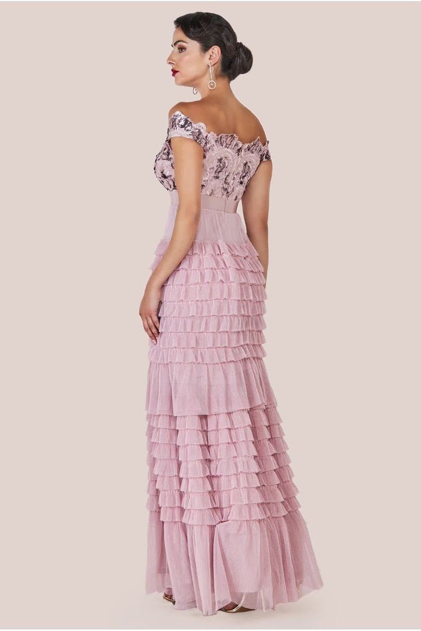 Goddiva Scallop Bardot Ruffle Mesh Maxi - Blush