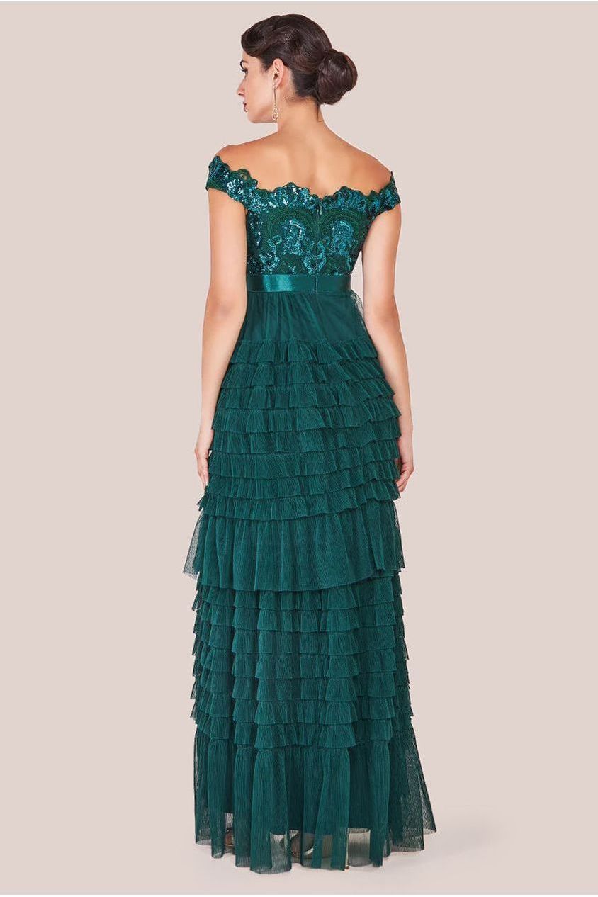 Goddiva Scallop Bardot Ruffle Mesh Maxi - Emerald Green