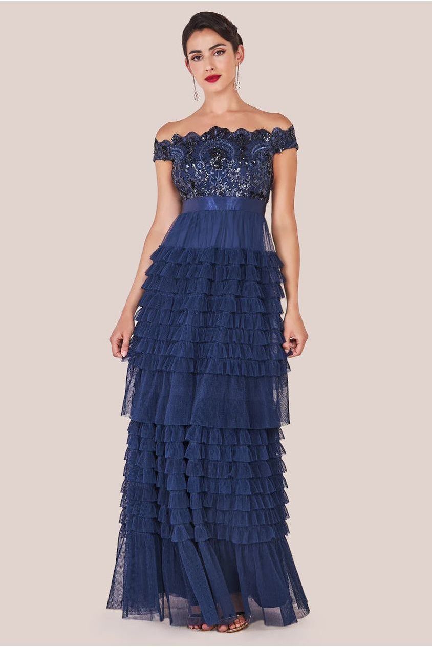 Goddiva Scallop Bardot Ruffle Mesh Maxi - Navy