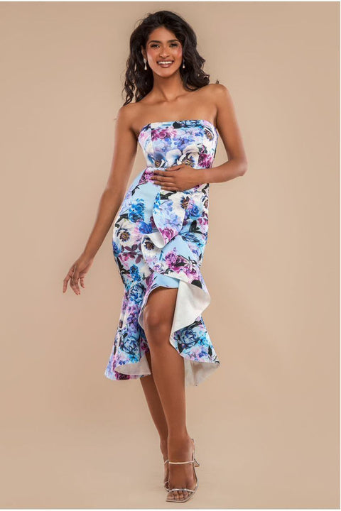 Goddiva Ruffled Floral Scuba Foam Bandeau Midi Dress - Blue