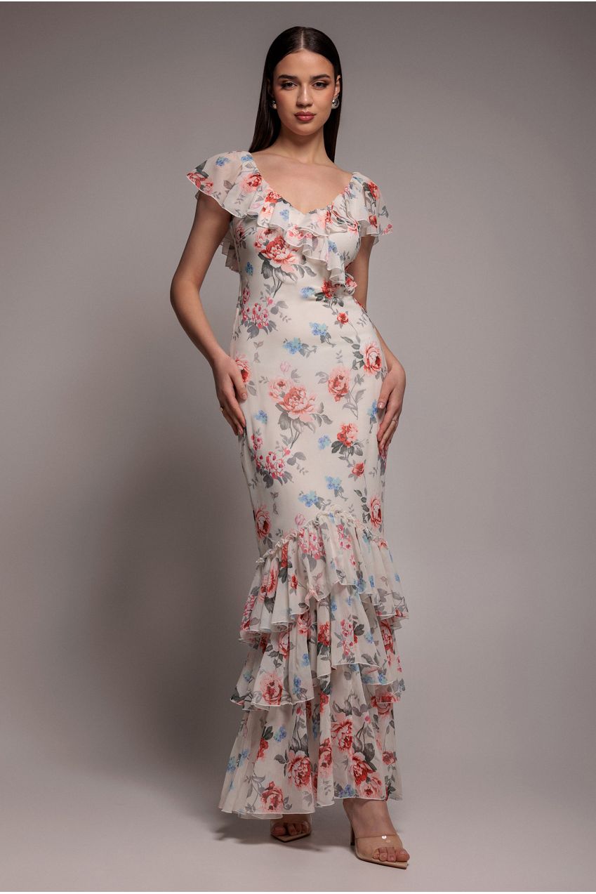Goddiva Floral Printed Chiffon Ruffle Maxi - Cream