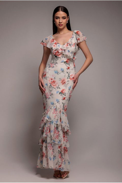 Goddiva Floral Printed Chiffon Ruffle Maxi - Cream