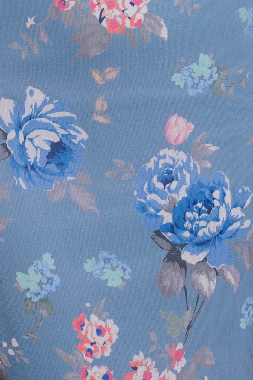 Goddiva Floral Printed Chiffon Ruffle Maxi - Blue