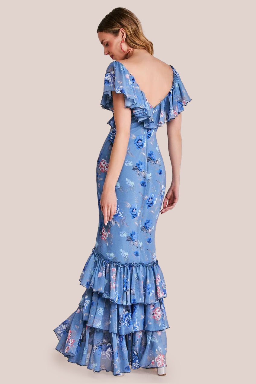 Goddiva Floral Printed Chiffon Ruffle Maxi - Blue