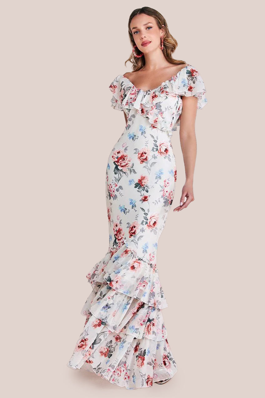 Goddiva Floral Printed Chiffon Ruffle Maxi - Cream