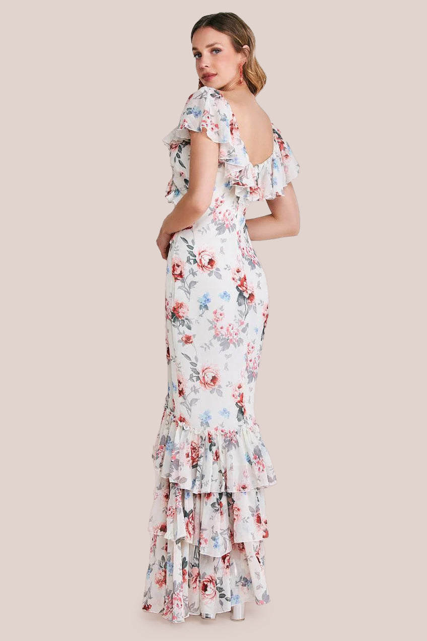 Goddiva Floral Printed Chiffon Ruffle Maxi - Cream