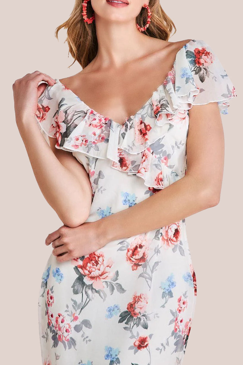 Goddiva Floral Printed Chiffon Ruffle Maxi - Cream