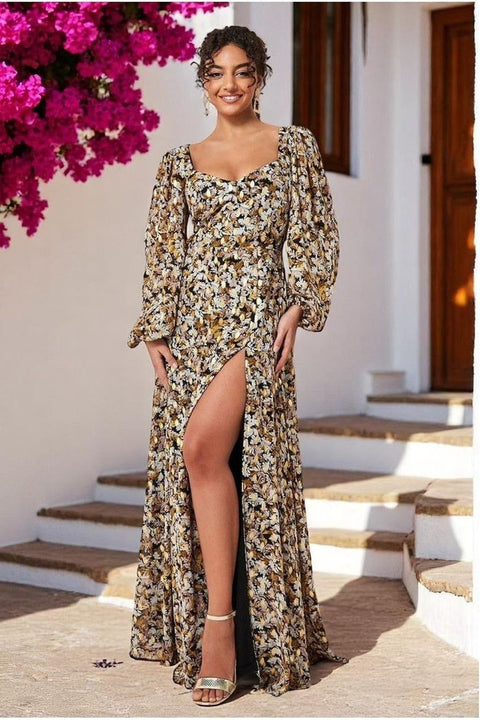 Goddiva Leaf Print Shirred Back Maxi Dress - Leaf Print