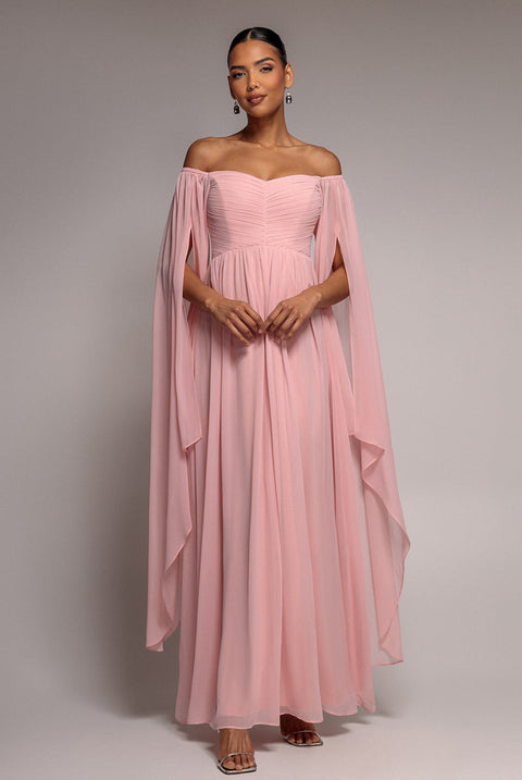 Goddiva Chiffon Off The Shoulder Maxi With Cape Sleeves - Blush