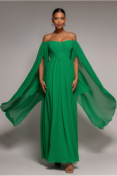 Goddiva Chiffon Off The Shoulder Maxi With Cape Sleeves - Green