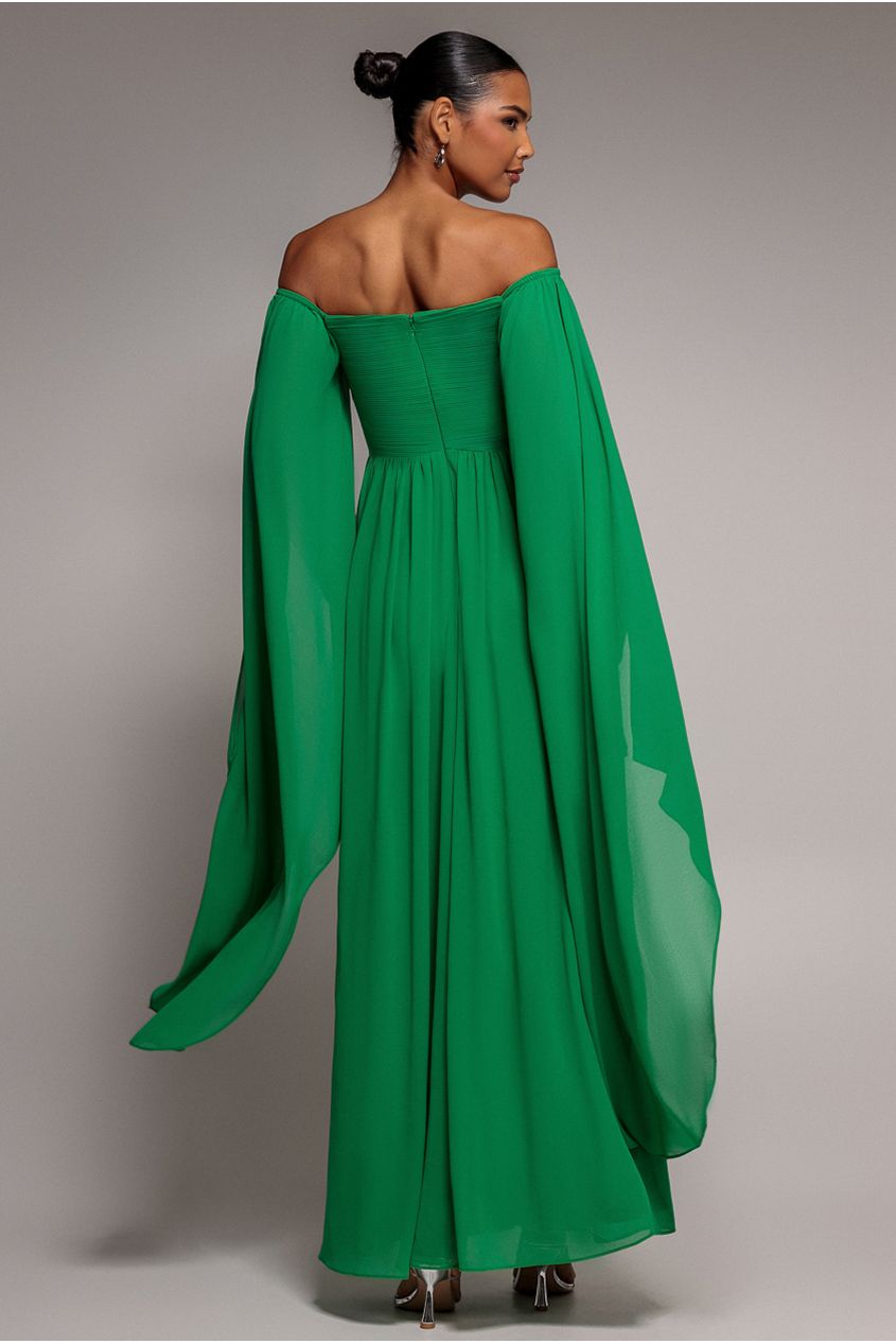 Goddiva Chiffon Off The Shoulder Maxi With Cape Sleeves - Green