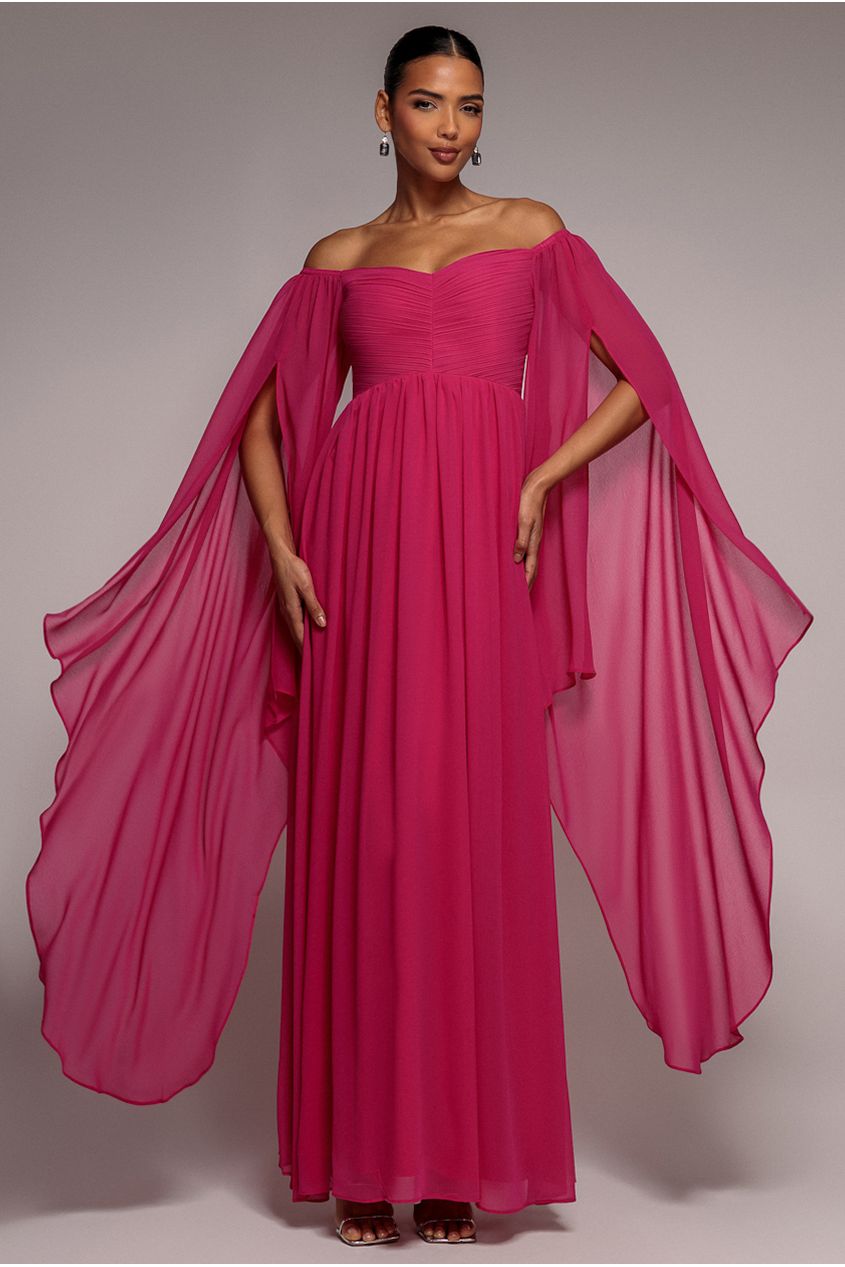 Goddiva Chiffon Off The Shoulder Maxi With Cape Sleeves - Hot Pink