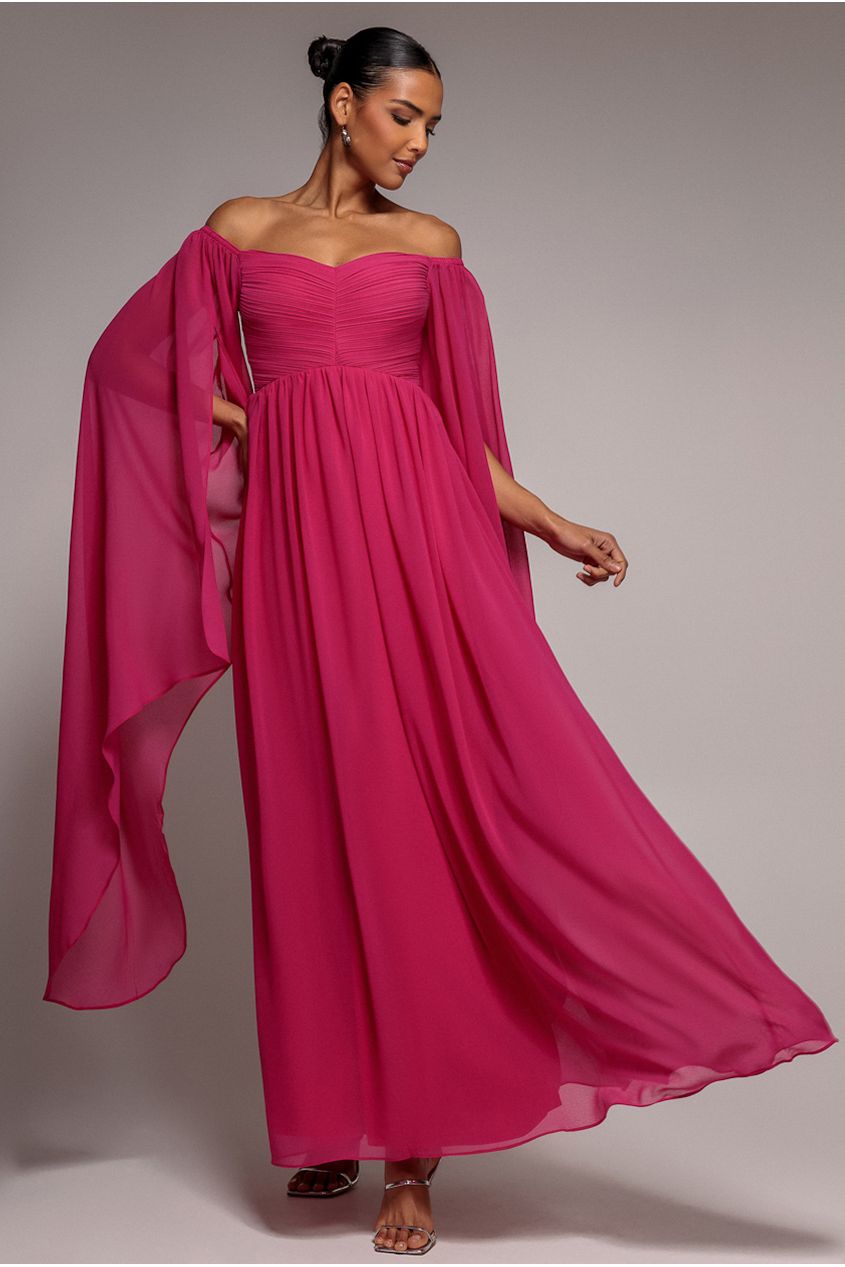 Goddiva Chiffon Off The Shoulder Maxi With Cape Sleeves - Hot Pink
