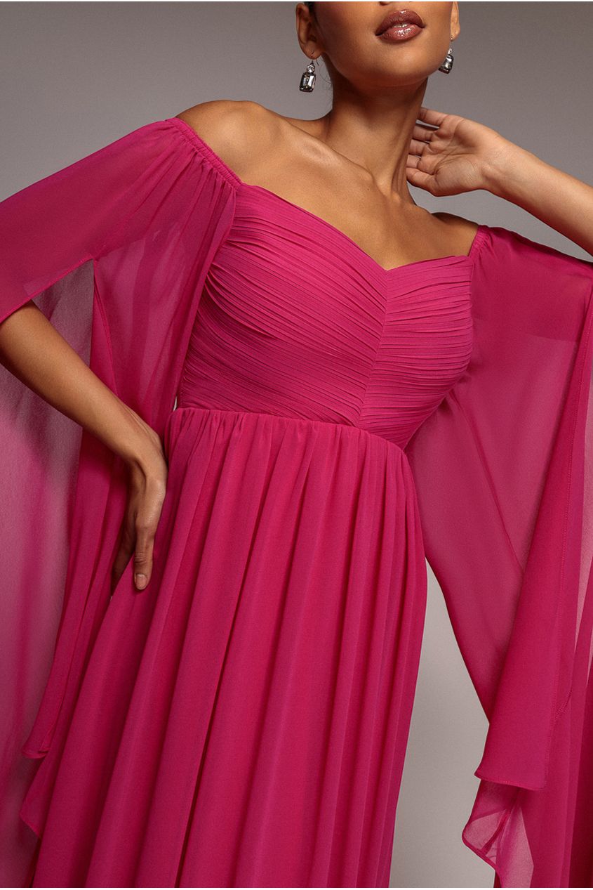 Goddiva Chiffon Off The Shoulder Maxi With Cape Sleeves - Hot Pink