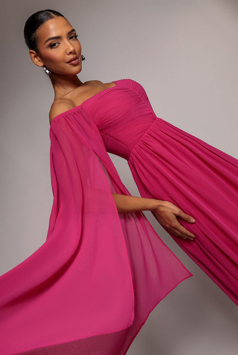 Goddiva Chiffon Off The Shoulder Maxi With Cape Sleeves - Hot Pink