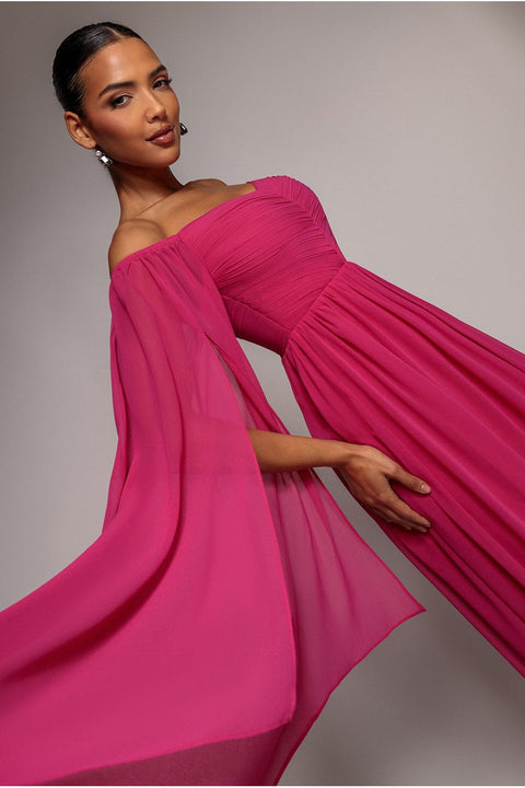 Goddiva Chiffon Off The Shoulder Maxi With Cape Sleeves - Hot Pink