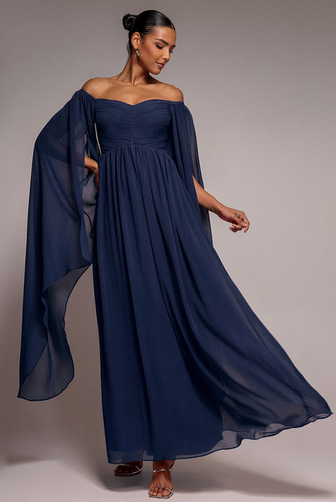 Goddiva Chiffon Off The Shoulder Maxi With Cape Sleeves - Navy